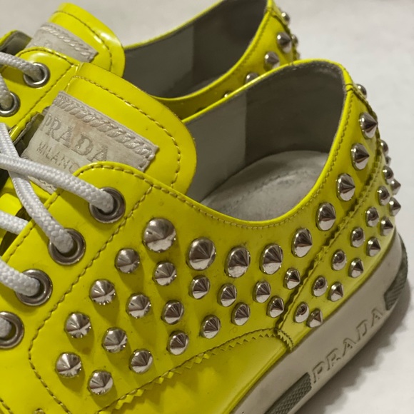 PRADA Neon Yellow Studded Sneakers - Picture 4 of 7